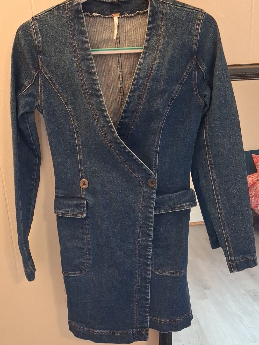 Free People Indigo Dark Wash Denim Wrap Dress Longline Blazer Jacket NWOT